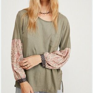 Free People We The Free Olive and Pink Patterned Sleeve Blouse